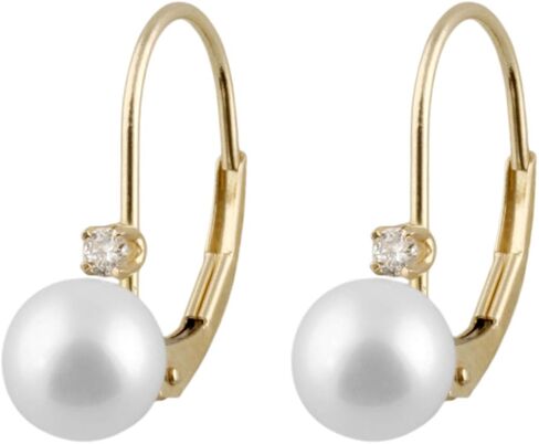 أقراط AAA + 6-6.5 مم من لؤلؤ المياه العذبة المستدير الأبيض والألماس 0.06 قيراط من الذهب عيار 14 قيراط على شكل كرة Huggie in Kuwait