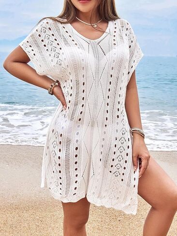 Women’s Crochet Hollow Beach Cover Up Dress with Batwing Sleeves and Side Slit Hem, Lightweight Knit Swimwear Layering Tunic in Saudi Arabia