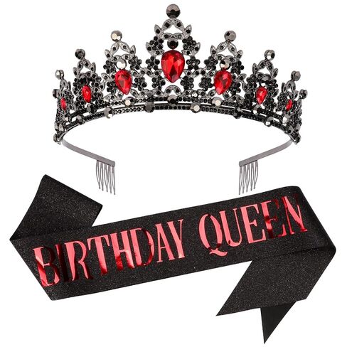 CAVETEE Birthday Tiara and Sash for Women，Birthday Queen Crown and Sash Green and Gold Party Decorations for Party Prom in Saudi Arabia