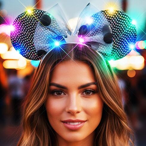 CASDRE Light Up Mouse Ear Headband LED Bow Headpiece Sparkly Rave Costume Hair Accessories for Women (Colorful Light, One Size) in Saudi Arabia