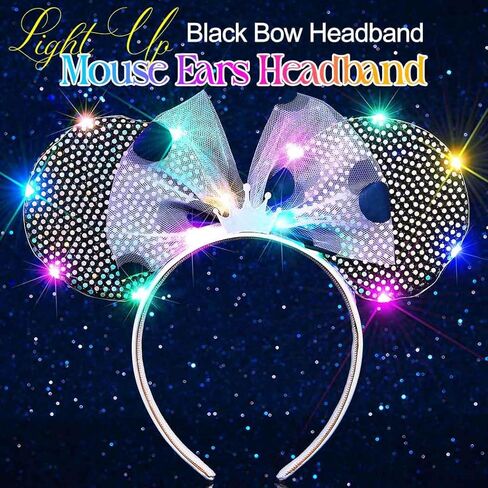 CASDRE Light Up Mouse Ear Headband LED Bow Headpiece Sparkly Rave Costume Hair Accessories for Women (Colorful Light, One Size) in Saudi Arabia