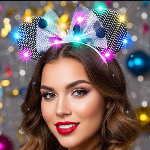 CASDRE Light Up Mouse Ear Headband LED Bow Headpiece Sparkly Rave Costume Hair Accessories for Women (Colorful Light, One Size) in Saudi Arabia