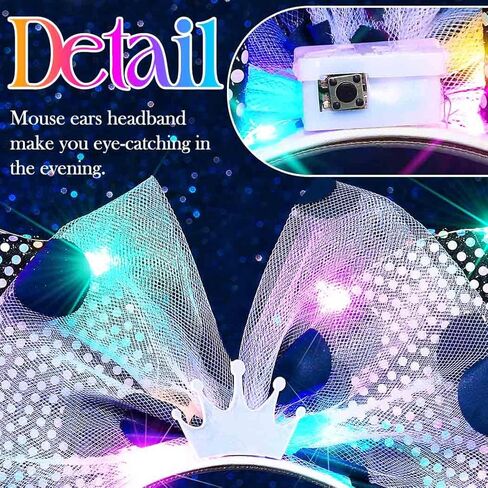 CASDRE Light Up Mouse Ear Headband LED Bow Headpiece Sparkly Rave Costume Hair Accessories for Women (Colorful Light, One Size) in Saudi Arabia