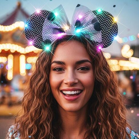 CASDRE Light Up Mouse Ear Headband LED Bow Headpiece Sparkly Rave Costume Hair Accessories for Women (Colorful Light, One Size) in Saudi Arabia