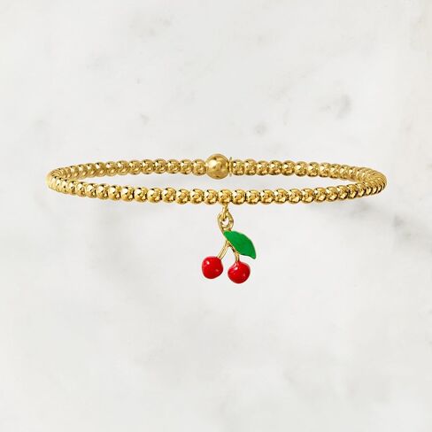 Pure Collection by Ross-Simons Italian 3mm 18kt Gold Over Sterling Bead Stretch Bracelet With Enamel Cherry Charm in Saudi Arabia