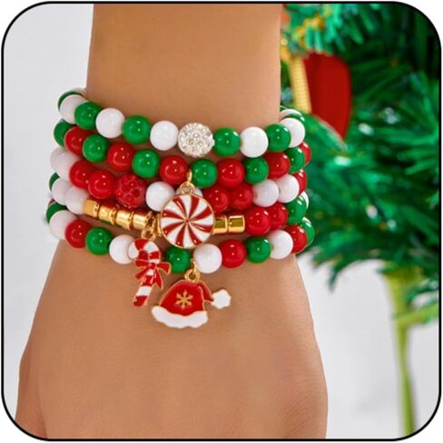 WCRAZYE Christmas Bracelets for Women Red Green Snowflake Santa Claus Christmas Tree Festive Beaded Bracelets Stackable Stretch Friendship Bracelets in Saudi Arabia
