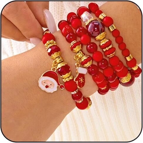 WCRAZYE Christmas Bracelets for Women Red Green Snowflake Santa Claus Christmas Tree Festive Beaded Bracelets Stackable Stretch Friendship Bracelets in Saudi Arabia