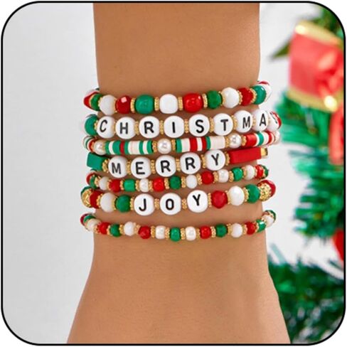 WCRAZYE Christmas Bracelets for Women Red Green Snowflake Santa Claus Christmas Tree Festive Beaded Bracelets Stackable Stretch Friendship Bracelets in Saudi Arabia