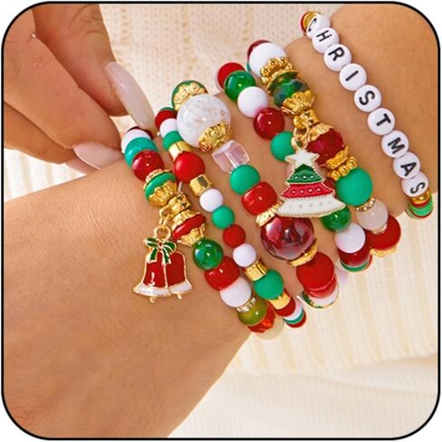 WCRAZYE Christmas Bracelets for Women Red Green Snowflake Santa Claus Christmas Tree Festive Beaded Bracelets Stackable Stretch Friendship Bracelets in Saudi Arabia