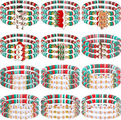 24/36/48 Pcs Christmas Bracelets Set for Womens, 12 Style Polymer Clay Beaded Bracelets Joy & Merry Reindeer Snowmen Gingerbread Y2K Stackable Stretch Friendship Holiday Bracelets Jewelry Gift in Saudi Arabia