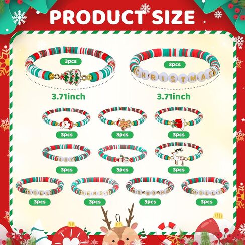 24/36/48 Pcs Christmas Bracelets Set for Womens, 12 Style Polymer Clay Beaded Bracelets Joy & Merry Reindeer Snowmen Gingerbread Y2K Stackable Stretch Friendship Holiday Bracelets Jewelry Gift in Saudi Arabia