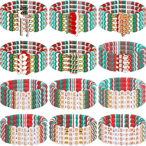 24/36/48 Pcs Christmas Bracelets Set for Womens, 12 Style Polymer Clay Beaded Bracelets Joy & Merry Reindeer Snowmen Gingerbread Y2K Stackable Stretch Friendship Holiday Bracelets Jewelry Gift in Saudi Arabia
