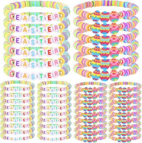 48 Pcs Easter Bracelets Gift Bulk for Women Polymer Clay Stretch Stackable Elastic Bracelets Egg Fillers Party Favor in Saudi Arabia
