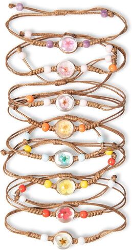 VNG Handmade Pressed Flower Bracelet Set, 8 Pack Adjustable Woven Cord Bracelets with Colorful Beads, Boho Style Friendship Jewelry in Saudi Arabia