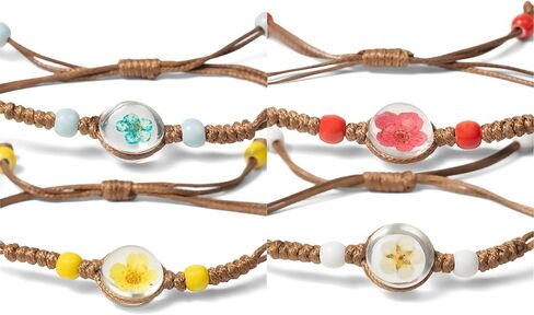 VNG Handmade Pressed Flower Bracelet Set, 8 Pack Adjustable Woven Cord Bracelets with Colorful Beads, Boho Style Friendship Jewelry in Saudi Arabia