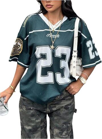 Girl's Jersey Shirts Number Print Graphic Tees V Neck Mesh Y2K Tops Sport Jersey Streetwear in Saudi Arabia