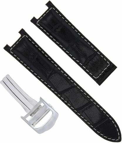 Ewatchparts حزام ساعة من الجلد مقاس 18 ملم متوافق مع كارتييه باشا 2377 مقاس 35 ملم باللون الأسود مع خياطة بيضاء #1 قطعة in Kuwait
