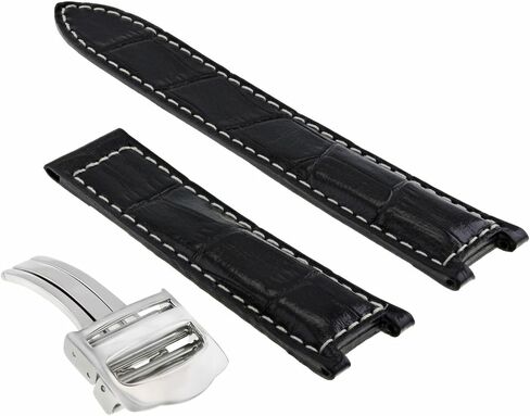 Ewatchparts حزام ساعة من الجلد مقاس 18 ملم متوافق مع كارتييه باشا 2377 مقاس 35 ملم باللون الأسود مع خياطة بيضاء #1 قطعة in Kuwait