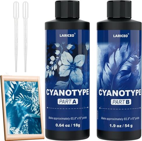 16oz Cyanotype Sensitizer Kit with 2 Droppers, Sponge Brush, Easy to Store Cyanotype Chemicals Dye Powder for Photographic Blueprints on Paper and Fabric, Sun Printing Kit for Beginners and Artists in Kuwait