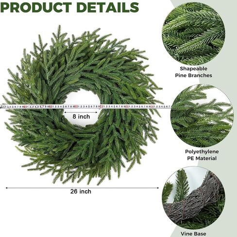 26-Inch Norfolk Pine Wreath - Real Touch Artificial Christmas Wreath for Front Door, Wall, Window, and Porch Decor - Farmhouse Indoor Outdoor Holiday Decorations in Saudi Arabia