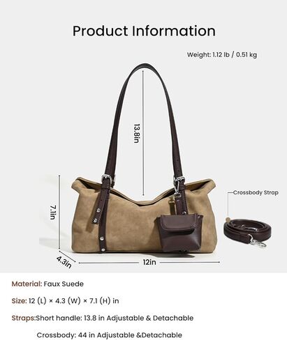 Women’s Vintage Suede Shoulder Bag, 2‑Strap Convertible Crossbody Handbag with Detachable Mini Pouch, Lightweight Boston Bag in Saudi Arabia