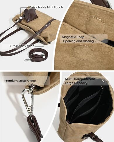 Women’s Vintage Suede Shoulder Bag, 2‑Strap Convertible Crossbody Handbag with Detachable Mini Pouch, Lightweight Boston Bag in Saudi Arabia