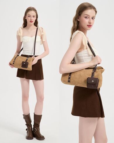 Women’s Vintage Suede Shoulder Bag, 2‑Strap Convertible Crossbody Handbag with Detachable Mini Pouch, Lightweight Boston Bag in Saudi Arabia
