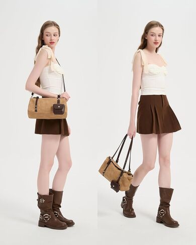Women’s Vintage Suede Shoulder Bag, 2‑Strap Convertible Crossbody Handbag with Detachable Mini Pouch, Lightweight Boston Bag in Saudi Arabia