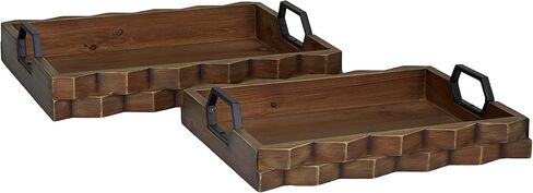 Deco 79 Wood Tray with Metal Handles, Set of 2 14", 16"W, Dark Brown in Saudi Arabia