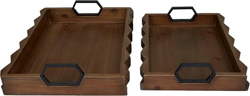 Deco 79 Wood Tray with Metal Handles, Set of 2 14", 16"W, Dark Brown in Saudi Arabia