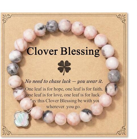 HGDEER Four Leaf Clover Beaded Bracelet for Women Teen Girls, 8mm Natural Stone Lucky Irish Jewelry Gifts, with Quote Card and Velvet Gift Pouch in Saudi Arabia