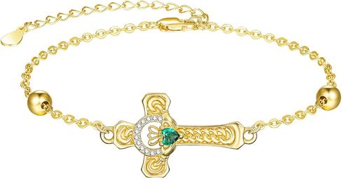 TANGPOET Claddagh سوار للنساء 925 الفضة الاسترليني مطلية بالذهب الزمرد الأخضر القلب حجر الأيرلندية سلتيك مجوهرات هدايا لعيد ميلاد عيد القديس باتريك عيد الميلاد عيد الحب عيد الأم in Saudi Arabia