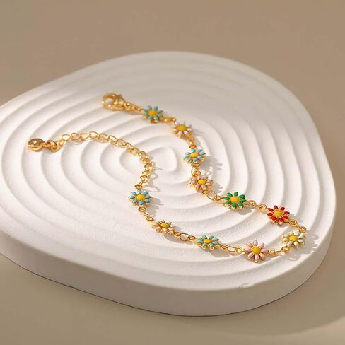 LUREME 18KG Candy Colors Daisy Flower Chain Bracelet With Golden Extenstion(bl003576) in Saudi Arabia