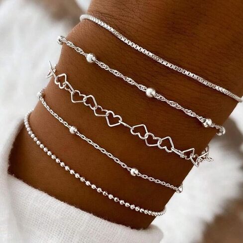 Women's Bracelet Set, 5PCS Gold Plated Stackable Bracelets - Thin Chain, Cuban Link, Paperclip Styles, Dainty Fashion Jewelry Gift for Women in Saudi Arabia