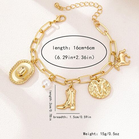 Western Dainty Gold Bracelets Boho Coin Pendant Chain Bracelet Punk Cowgirl Boot Horse Bracelet Handmade Adjustable Charm Jewelry for Women in Saudi Arabia