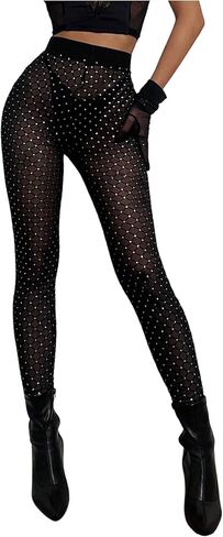MakeMeChic Women's Rhinestone Mesh Sheer Leggings Elastic Waisted Skinny Party Club Pants in Kuwait