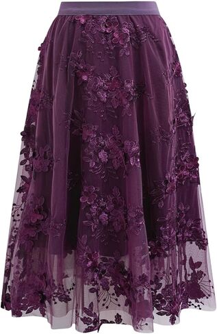 CHICWISH Women 3D Floral Embroidered Tulle Skirt Flare A Line High Elastic Waist Mesh Double-Layered Holiday Midi Skirt in Saudi Arabia
