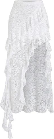 تنورة SHENHE النسائية الطويلة من الدانتيل تنورة غير متناظرة ذات طبقات مكشكشة شفافة Y2k تنورة خرافية in Kuwait