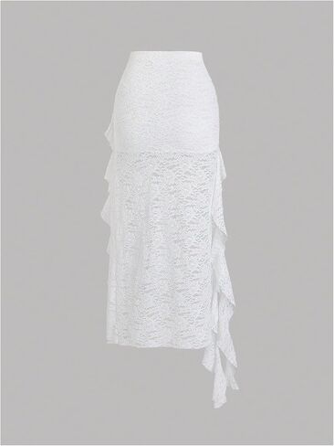 SHENHE Women's Lace Long Skirt Asymmetrical Layered Ruffle Flowy Sheer Y2k Fairy Skirt in Saudi Arabia