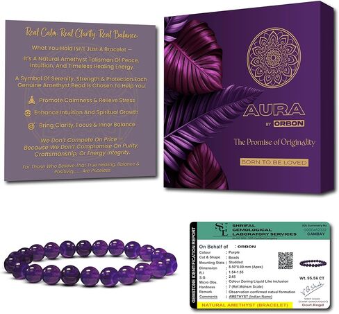 سوار الجمشت الطبيعي المعتمد من AURA - مجوهرات كريستال من الحجر الأرجواني الأصلي للرجال والنساء | حجر كريم للشفاء والتأمل والطاقة مع بطاقة التنشيط وشهادة الأصالة in Saudi Arabia