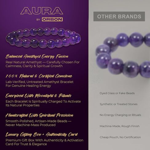 سوار الجمشت الطبيعي المعتمد من AURA - مجوهرات كريستال من الحجر الأرجواني الأصلي للرجال والنساء | حجر كريم للشفاء والتأمل والطاقة مع بطاقة التنشيط وشهادة الأصالة in Saudi Arabia