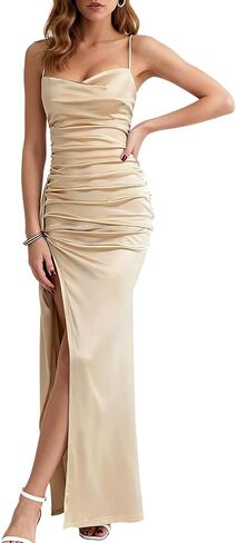 Women’s Elegant Ruched Maxi Dress – Spaghetti Strap Bodycon Party Dress with Slit & Open Back in Saudi Arabia