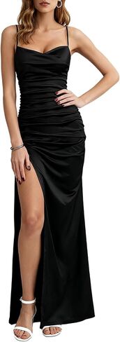 Women’s Elegant Ruched Maxi Dress – Spaghetti Strap Bodycon Party Dress with Slit & Open Back in Saudi Arabia