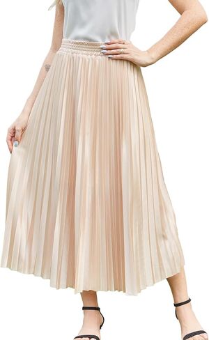 Flygo Pleated Skirts for Women Elastic High Waist A-Line Midi Skirt Casual Flowy Swing Pleated Skirt in Saudi Arabia