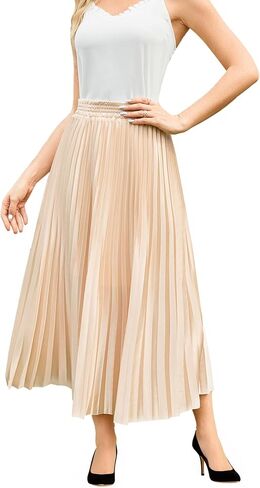 Flygo Pleated Skirts for Women Elastic High Waist A-Line Midi Skirt Casual Flowy Swing Pleated Skirt in Saudi Arabia