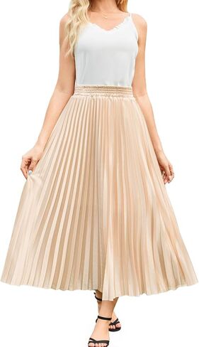 Flygo Pleated Skirts for Women Elastic High Waist A-Line Midi Skirt Casual Flowy Swing Pleated Skirt in Saudi Arabia