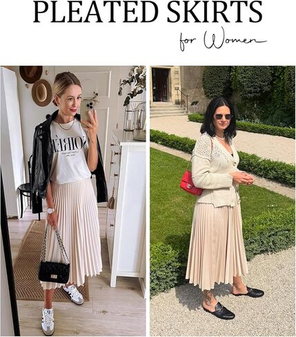 Flygo Pleated Skirts for Women Elastic High Waist A-Line Midi Skirt Casual Flowy Swing Pleated Skirt in Saudi Arabia