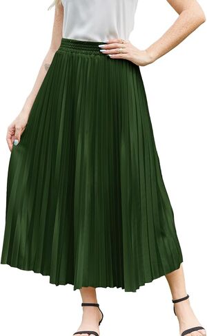 Flygo Pleated Skirts for Women Elastic High Waist A-Line Midi Skirt Casual Flowy Swing Pleated Skirt in Saudi Arabia