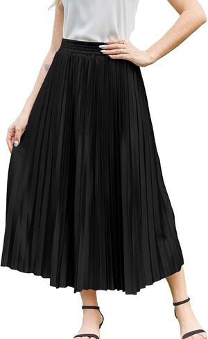 Flygo Pleated Skirts for Women Elastic High Waist A-Line Midi Skirt Casual Flowy Swing Pleated Skirt in Saudi Arabia