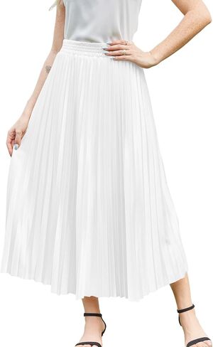Flygo Pleated Skirts for Women Elastic High Waist A-Line Midi Skirt Casual Flowy Swing Pleated Skirt in Saudi Arabia